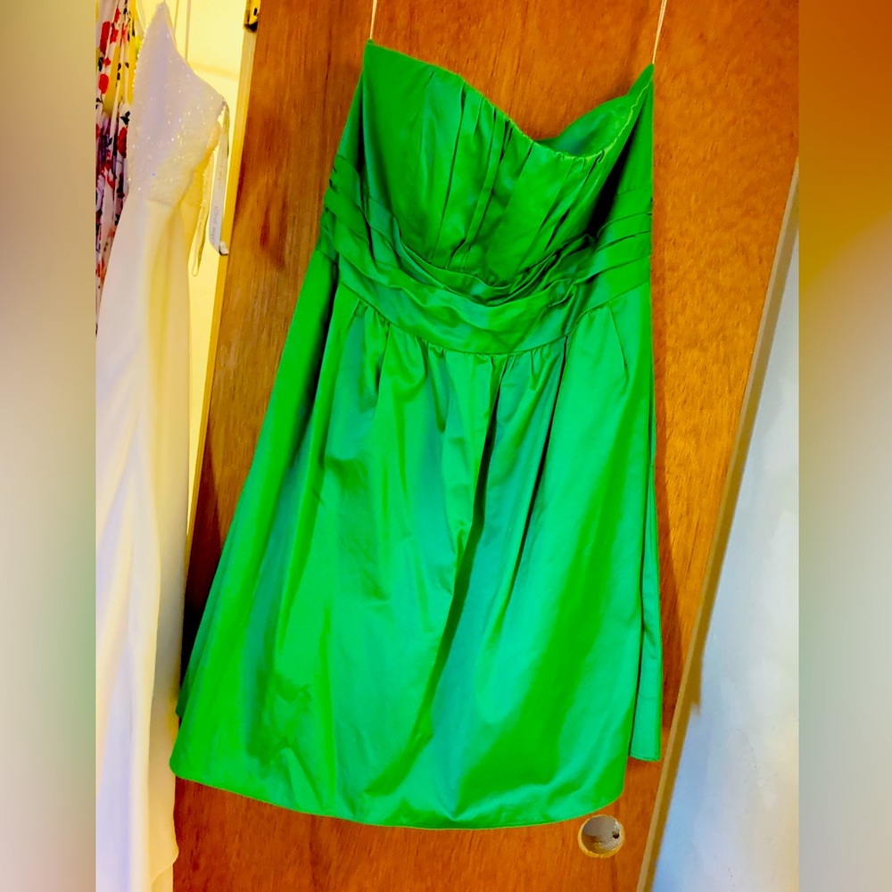 David’s bridal strapless silky green formal dress